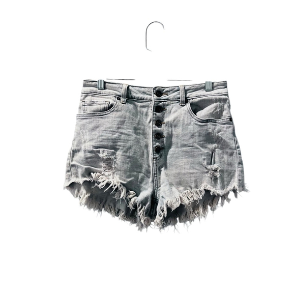 Just USA Button Fly Cut Off Denim Jean Shorts Size Medium Distressed Blue Pocket - Picture 1 of 6